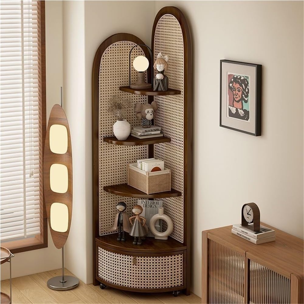 5 Tier Corner Shelf with Pulley, Rattan Bookshelf, Standing Shelf Organizer with Storage Basket, Minimalist Corner Display for Living Room, Bedroom, Office(Brown)
