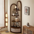 5 Tier Corner Shelf with Pulley, Rattan Bookshelf, Standing Shelf Organizer with Storage Basket, Minimalist Corner Display for Living Room, Bedroom, Office(Brown)