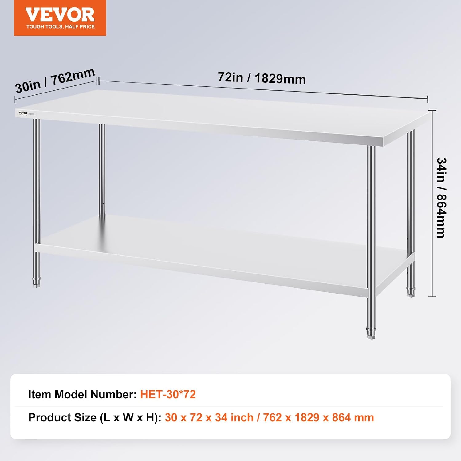 VEVOR Stainless Steel Prep Table, 30 x 72 x 34 Inch, 920 lbs Load Capacity, Heavy Duty Metal Worktable with 3 Adjustable Height Levels, Commercial Workstation for Kitchen Garage Restaurant Backyard