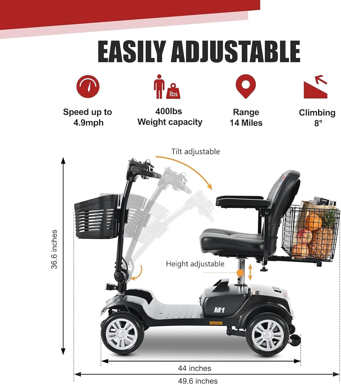 Mobility Scooters for Seniors 400 Lb Weight Capacity,Portable Folding Mobility Scooter, Travel Mobility Scooter,Heavy Duty Electric Powered Scooter W/Foldable Removable Disability Scooter,Black