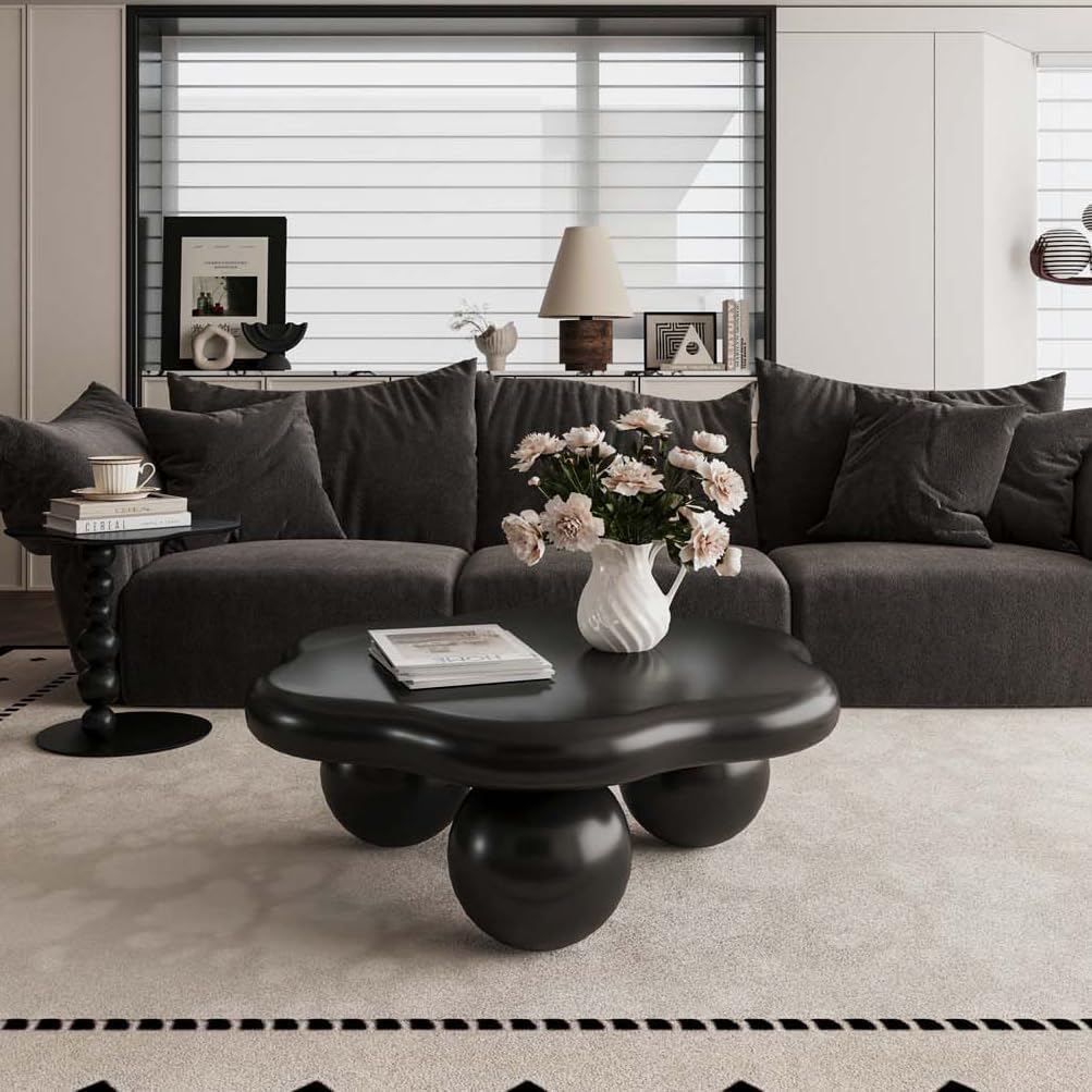 35' Modern Coffee Table Petal Shape Low Center Table Cute Irregular Indoor Tea Table with 3 Ball Legs for Living Room Apartment