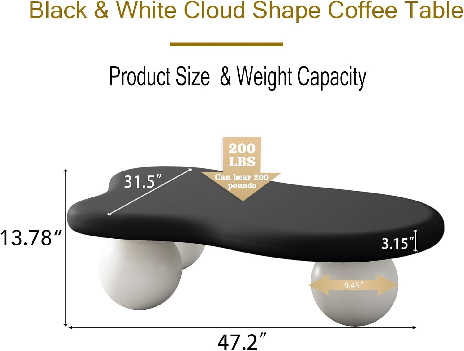 47' Cloud Coffee Table,Modern Cute End Table with Ball Legs,Small Round Edge Tea Table,Irregular Indoor Wood Coffee Table for Living Room, Bedroom, Small Space,Balcony,Patio Black+Cream White