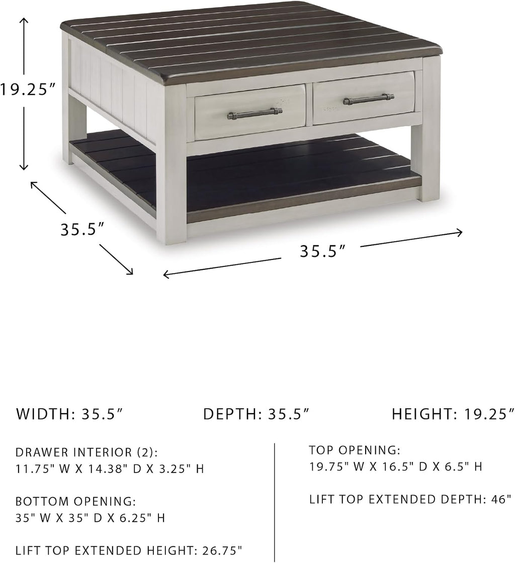 Signature Design by Ashley Darborn Farmhouse Lift-Top Coffee Table with Drawers, Lower Shelf and Casters, Light Gray & Dark Brown