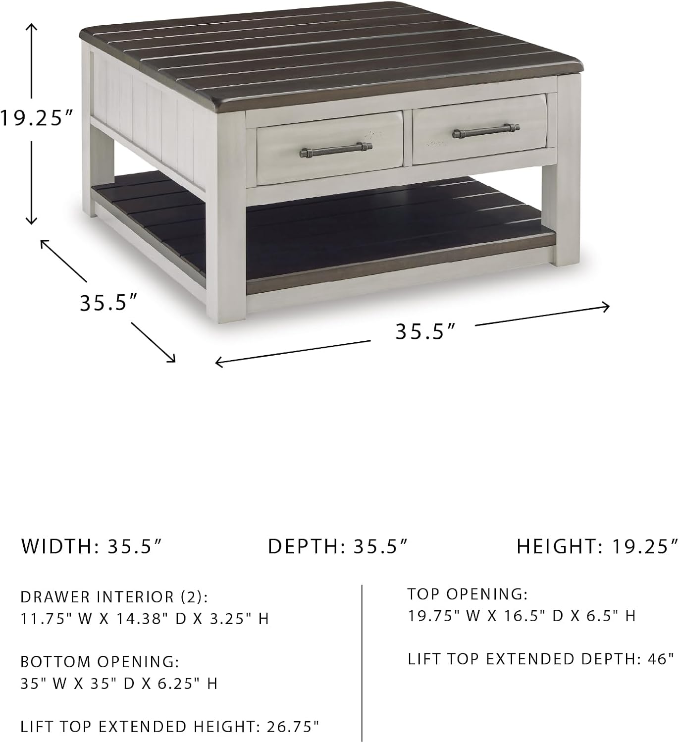 Signature Design by Ashley Darborn Farmhouse Lift-Top Coffee Table with Drawers, Lower Shelf and Casters, Light Gray & Dark Brown