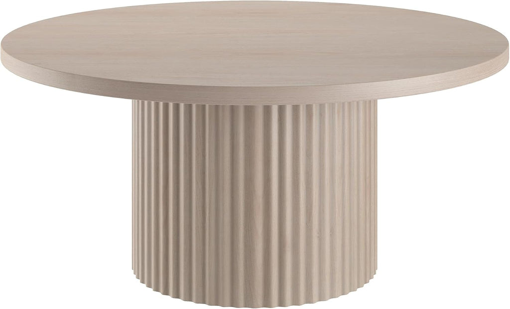Henn&Hart 32' Fluted Round Wooden Pedestal Low-Profile Coffee Table with Ribbed Pedestal Base for Living Room, Family Room, Office, or Apartment, Beech White