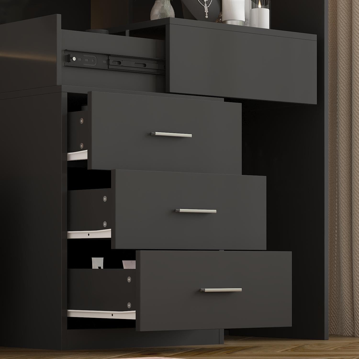 Vanity Desk with Mirror and Lights, Makeup Vanity with Drawers and Hidden Shelves, Full Length LED Mirror, Bedroom Dressing Table with Sliding Top, Grid Drawer, Black, 19.7'D x 31.5'W x 63'H
