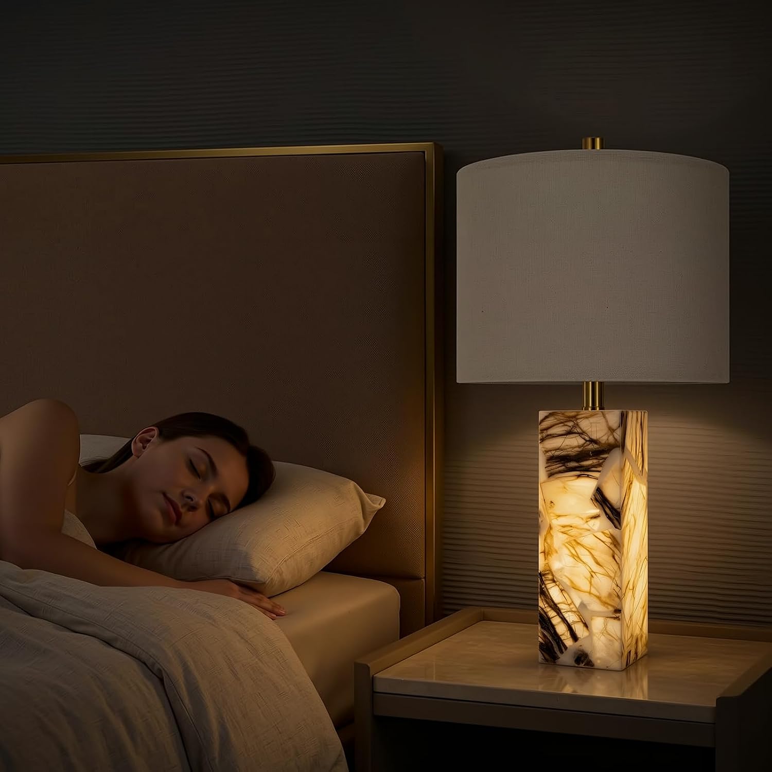Scenekoy 23' Modern Alabaster Table Lamps Set of 2 with Night Light for Bedroom, Rotary Switch, Bedside Lamp with Linen Shade, Brown Table Lamp for Living Room Nightstand Office (Bulb Included)