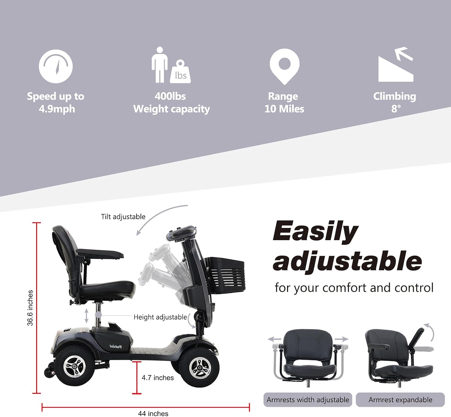 Mobility Scooters for Seniors & Adults 400 Lb Weight All Terrain,Heavy Duty 4-Wheel Powered Scooter,Foldable Mobile Disability Electric Wheelchair,Luxury Seat and Front Rear Led Lights,Black