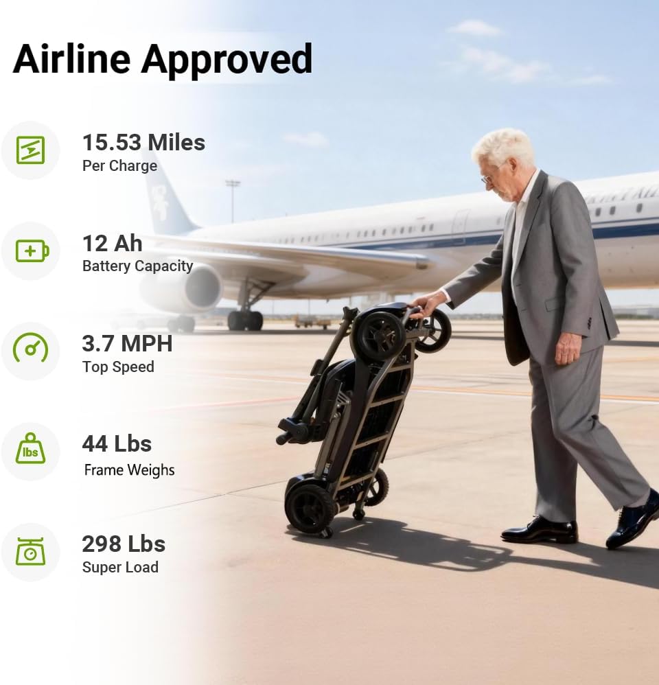 Mobility Scooter for Senior & Adults, Cruise & Airport Approved-44lb Foldable Portable Motorized Scooters with Removable Lithium Battery for 15.53 Miles Travel, 298lb Capacity (with 2-in-1 Holder)
