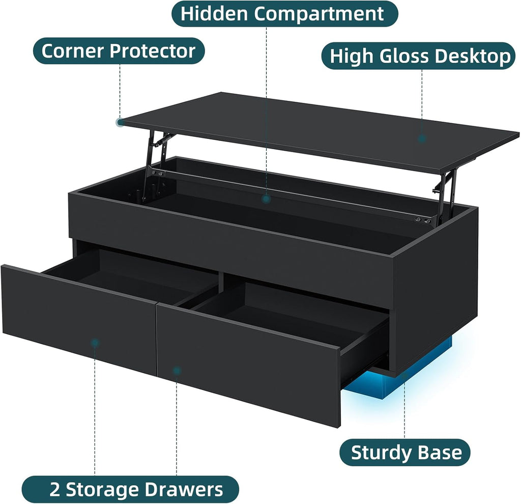 HOMMPA 40'' Lift Top Coffee Table for Living Room, Black Coffee Tables with Storage, LED Modern Coffee Table Rectangular Black Gloss, Flip Top Center Table with 2 Drawers and Hidden Compartment