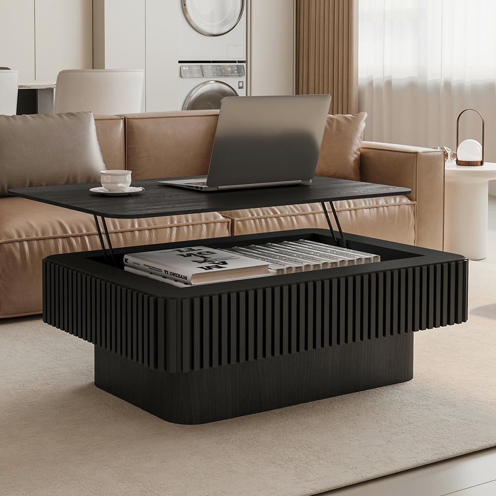 Rectangle Coffee Table with Lifting Top for Living Room Modern Coffee Table with Storage Smart Coffee Tables Lift Up Coffee Tables for Eat Fluted Pedestal Center Tables Apartment 38.6' Black