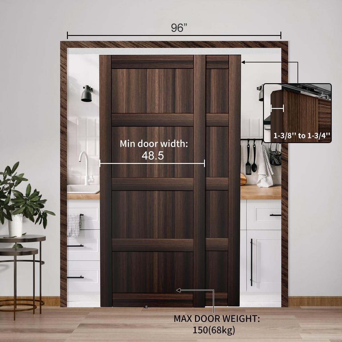 Heavy Duty Bypass Sliding Closet Door Track Hardware 96', 8 FT Aluminium Pocket Track Rail Set, Smoothly and Quietly, for 2 Door System,Silver