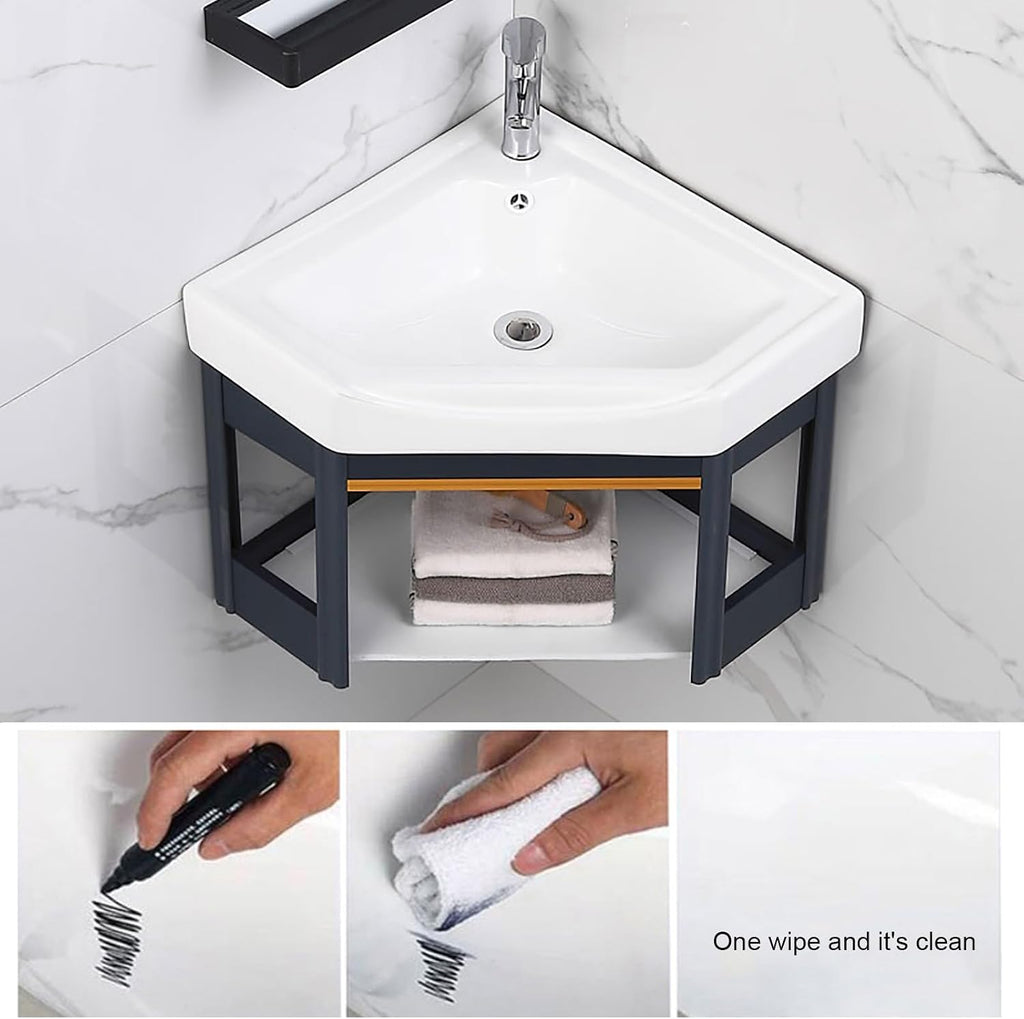 Small Wall Mount Corner Sink with Storage Shelf, Ceramic Bathroom Basin Sink with Bracket and Drain Kit, for Home Kitchen Patio Laundry Room(47x47x45cm)