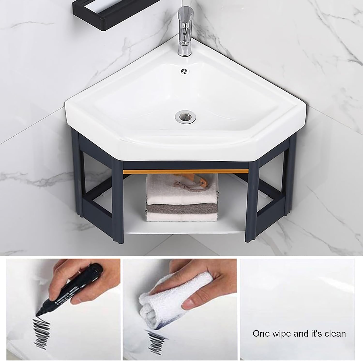 Small Wall Mount Corner Sink with Storage Shelf, Ceramic Bathroom Basin Sink with Bracket and Drain Kit, for Home Kitchen Patio Laundry Room(42x42x45cm)