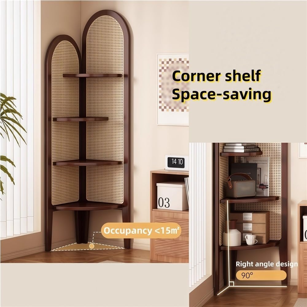 4 Tier Corner Shelf, Rattan Display Shelves with Solid Wood Frame, Bookshelf Stand for Living Room, Bedroom, or Office(Natural)