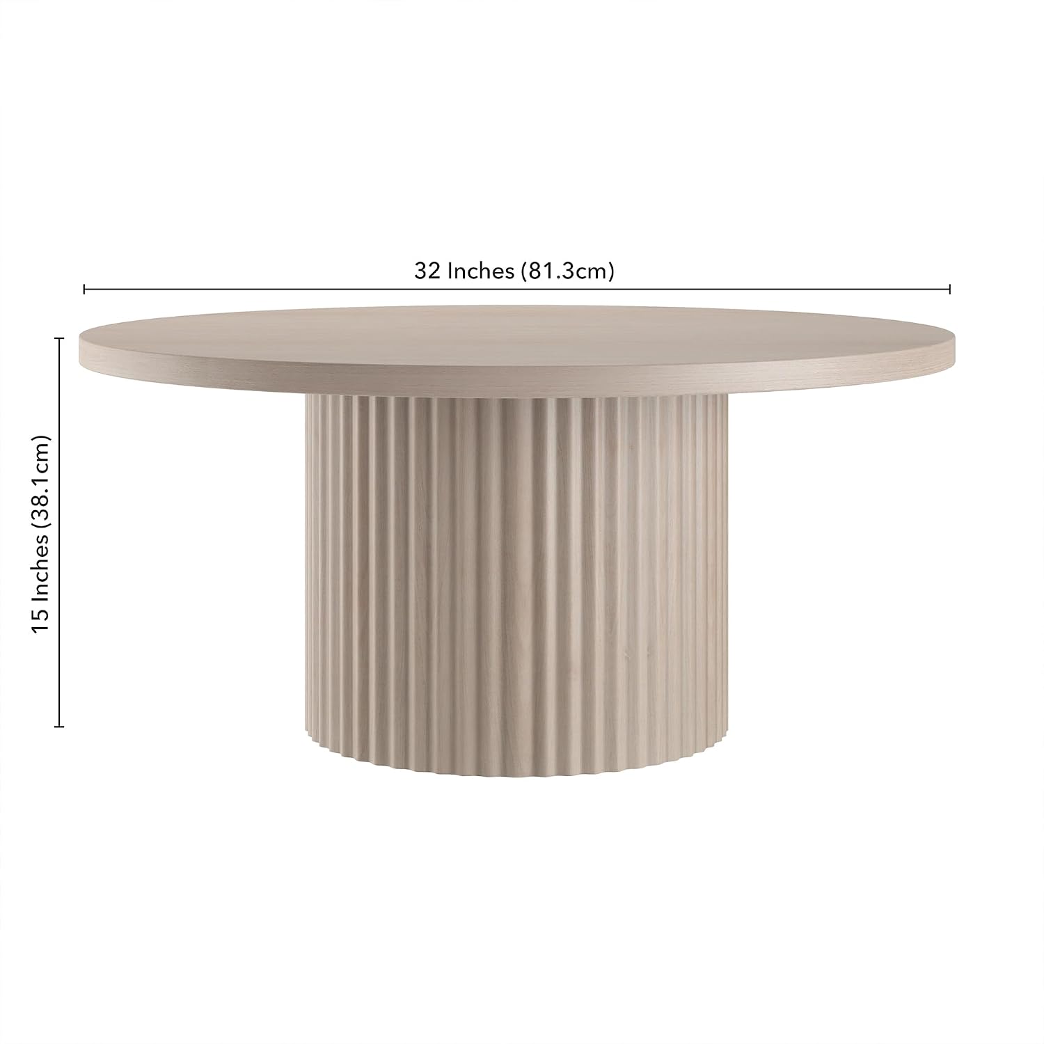 Henn&Hart 32' Fluted Round Wooden Pedestal Low-Profile Coffee Table with Ribbed Pedestal Base for Living Room, Family Room, Office, or Apartment, Beech White