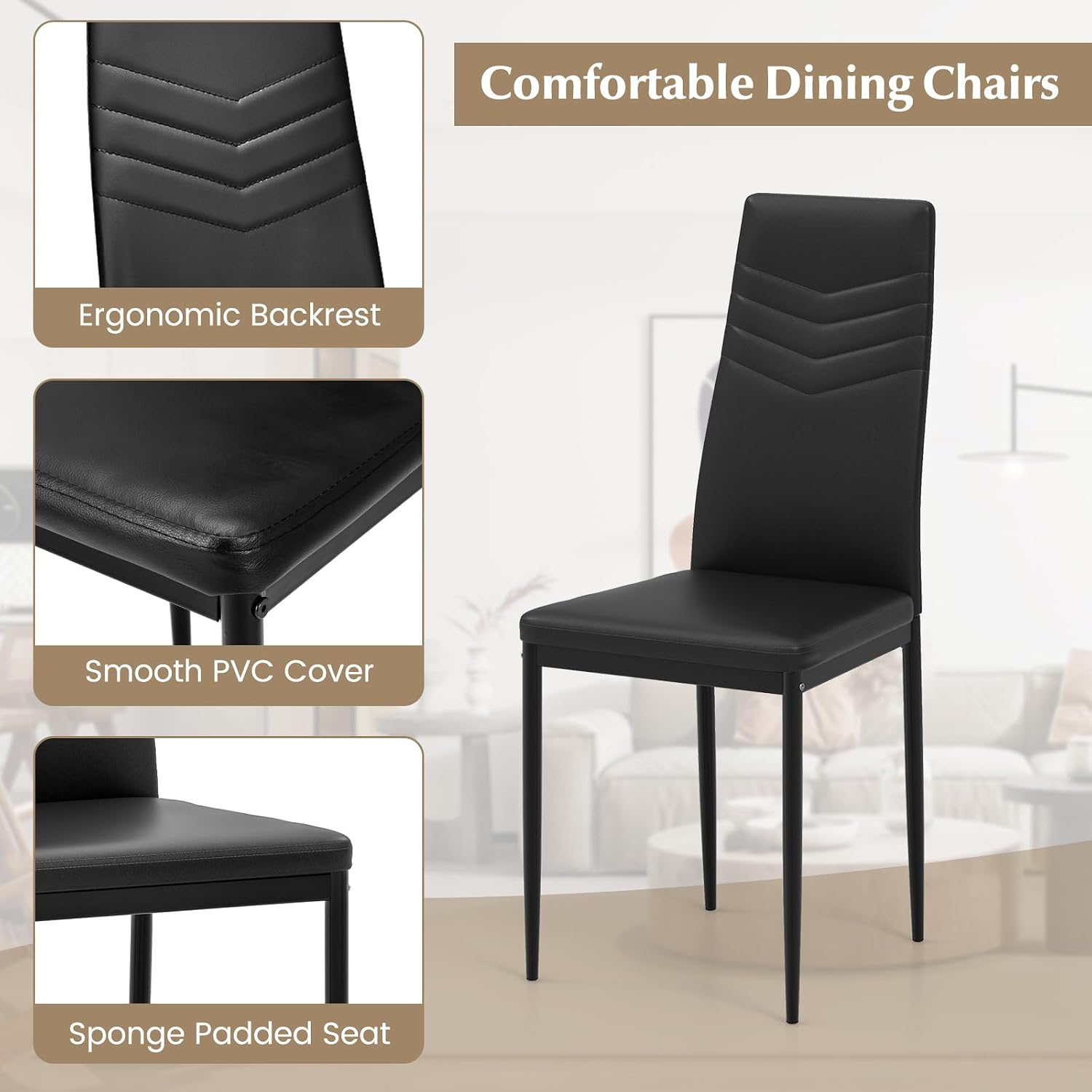 Giantex Dining Table Set for 4-6, Modern Rectangular Kitchen Table with 4 PVC Leather Dining Chairs, 330Lbs Space-Saving Dinette Set for Breakfast Nook, Kitchen, Restaurant, Cafe, Black (5-Pieces)