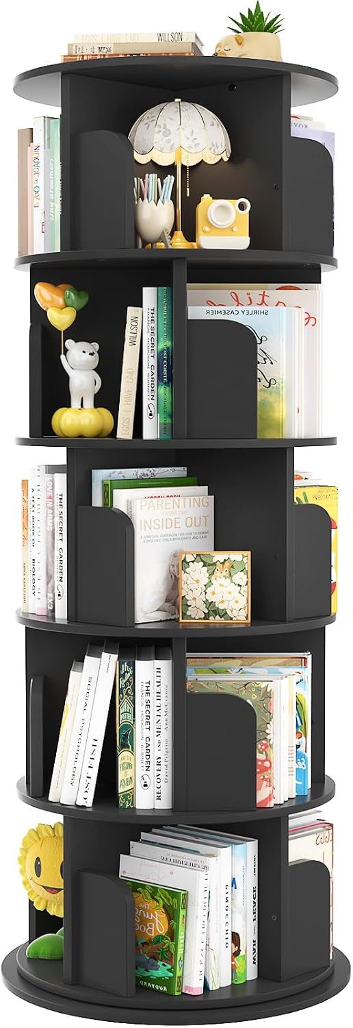 Aheaplus 5 Tier Rotating Bookshelf, Wood Spinning Bookshelf Tower, Round Revolving 360 Bookcase, Narrow Turning Book Shelf Rolling Corner Organizer for Small Space, Bedroom, Office, Black