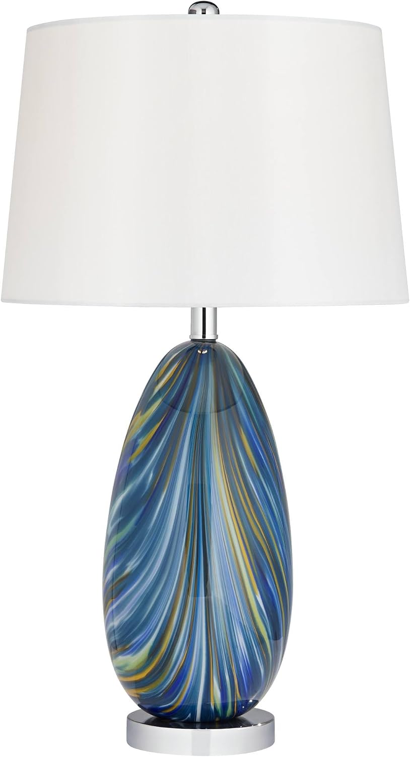 Possini Euro Design Pablo Modern Style 3-Way Table Lamp with Table Top Dimmer 27' Tall Multi Color Blue Art Glass Fabric Drum Shade for Living Room Bedroom Bedside Nightstand Home (Color May Vary)