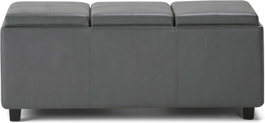 SIMPLIHOME Avalon Storage Ottoman - 42 inch Wide Upholstered Vegan Leather Rectangular Flip-Top Ottoman in Stone Grey, Contemporary Coffee Table Ottoman for Living Room with Hidden Storage