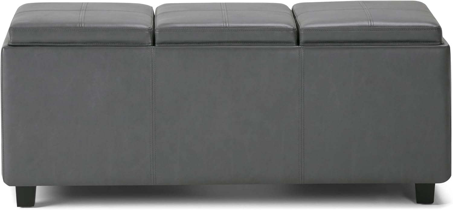 SIMPLIHOME Avalon Storage Ottoman - 42 inch Wide Upholstered Vegan Leather Rectangular Flip-Top Ottoman in Stone Grey, Contemporary Coffee Table Ottoman for Living Room with Hidden Storage