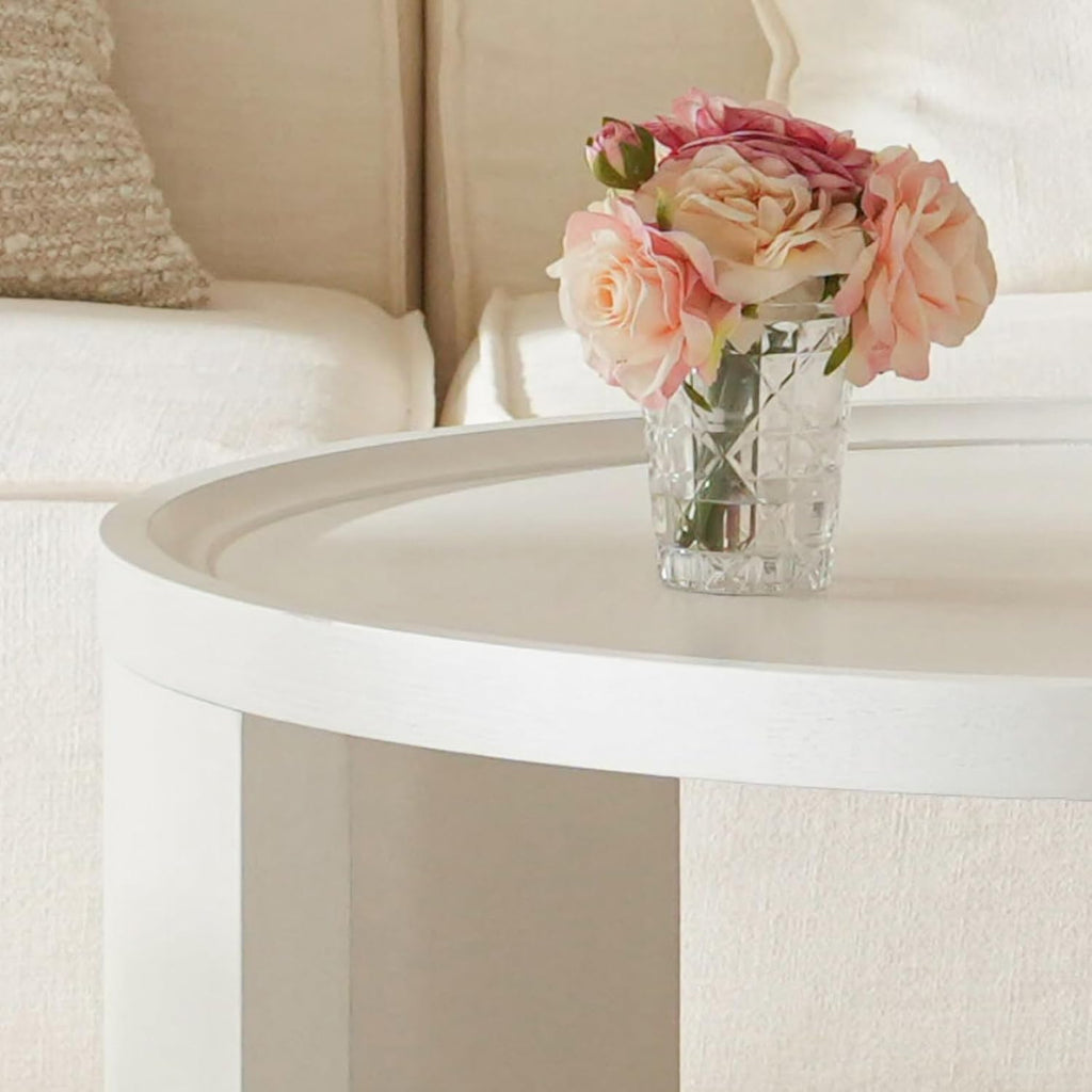 Round Nesting Coffee Table Set of 2,31.5' Large & 18' Small Low Tables with Wood Look Top,Space-Saving Side Tables for Living Room,Bedroom,Office,Minimalist Center Table Set (White, L)