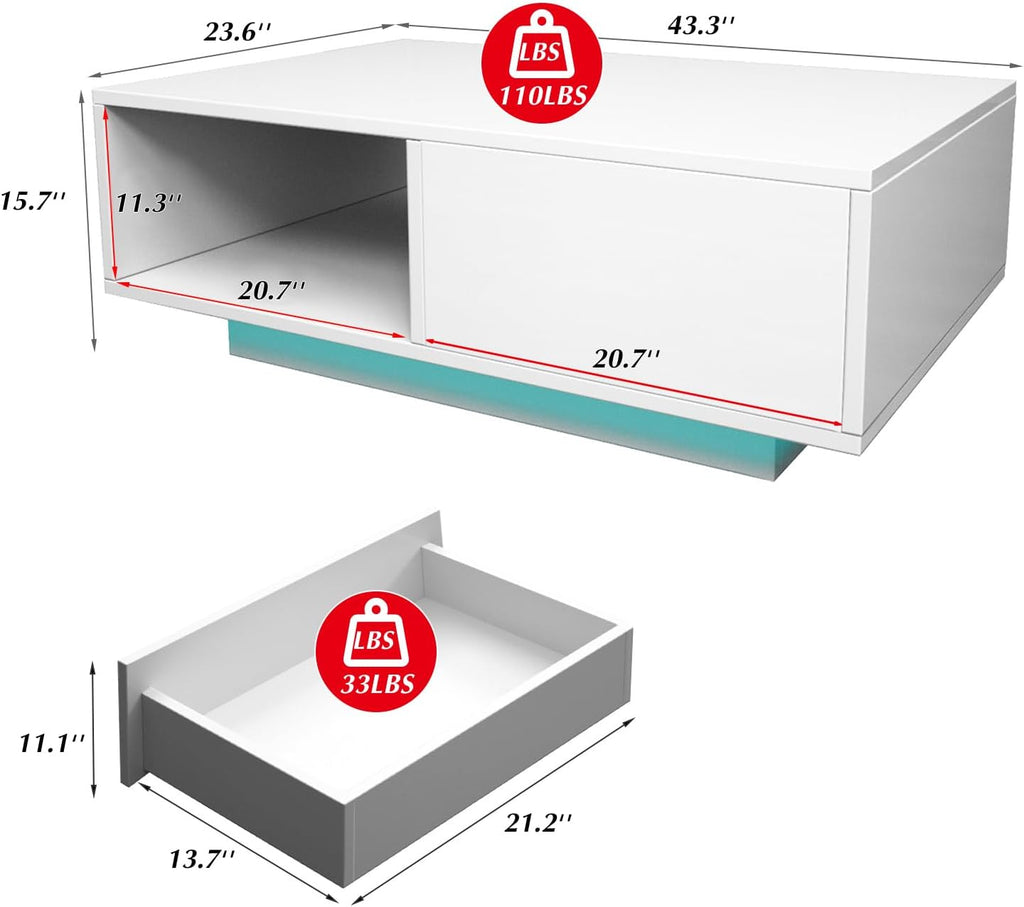 LED White Coffee Table for Living Room with Drawer & 16 Colors Lights, 43.3IN High Gloss Modern Coffee Table with Storage Space, Rectangle Side Central Table