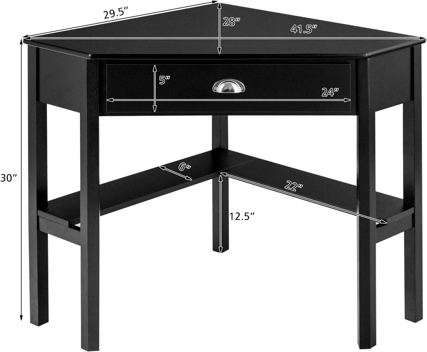 GOFLAME Computer Corner Desk, Wood Compact Home Office Writing Workstation with Drawer and Shelves, Laptop PC Corner Table for Small Space Home Office, Black