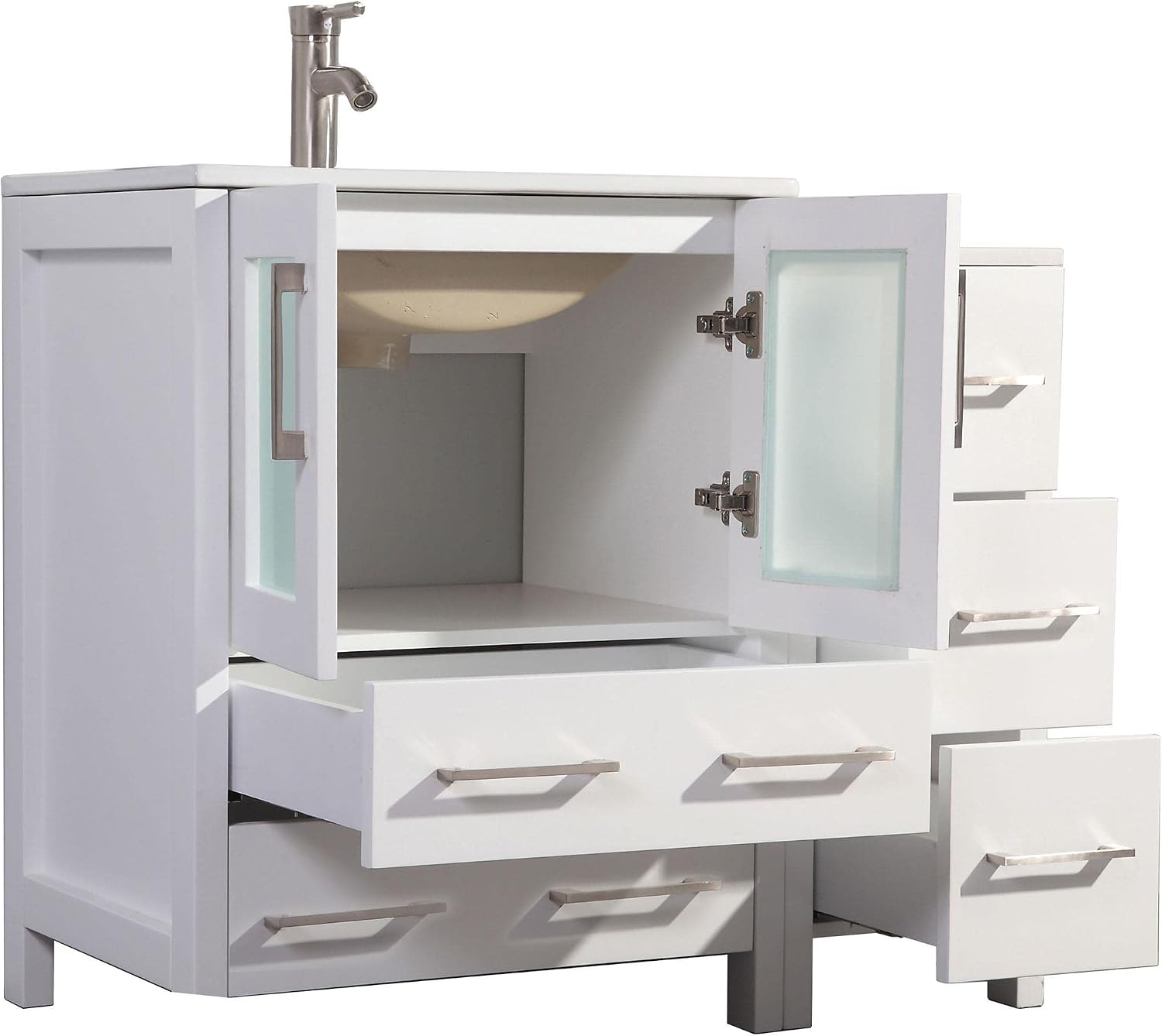 Vanity Art 42 Inch Under Mount Single Sink Bathroom Vanity Cabinet with 1 Mirror, Ceramic Top Bathroom Cabinet Compact Set with 5 Dovetail Storage Drawers and Brushed Nickel Handles, VA3030-42W