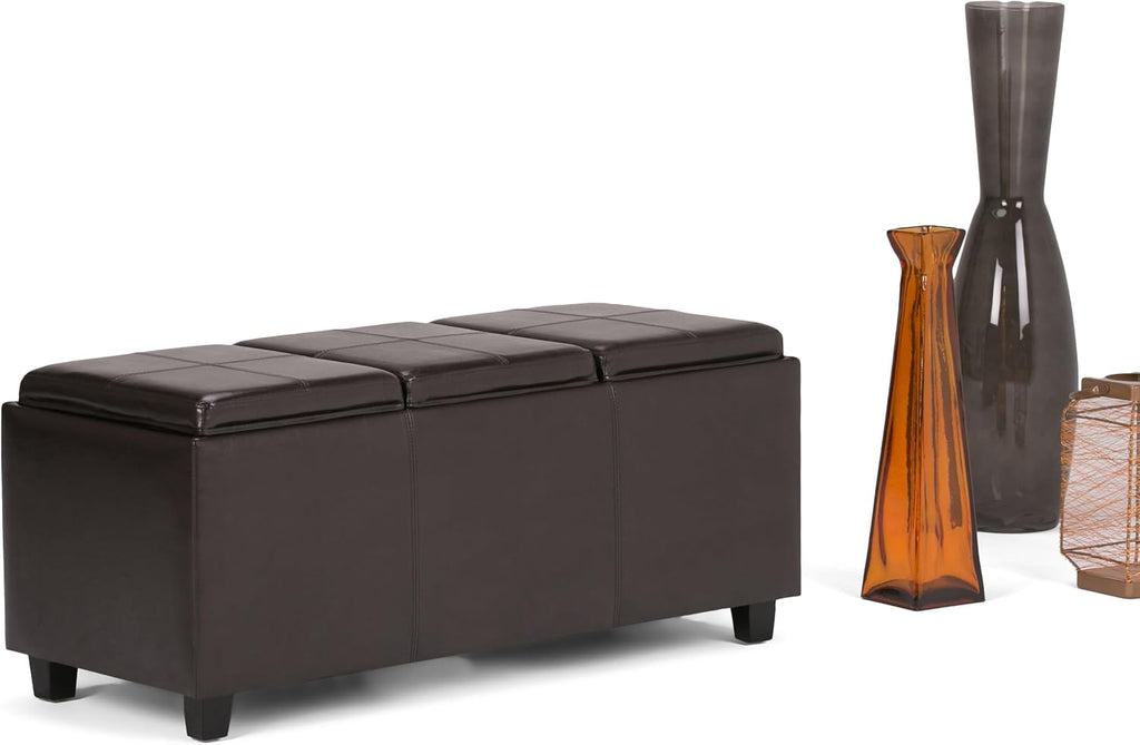 SIMPLIHOME Avalon Storage Ottoman - 42 inch Wide Upholstered Vegan Leather Rectangular Flip-Top Ottoman in Tanners Brown, Contemporary Coffee Table Ottoman for Living Room with Hidden Storage