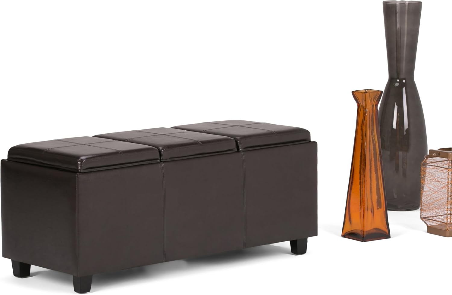 SIMPLIHOME Avalon Storage Ottoman - 42 inch Wide Upholstered Vegan Leather Rectangular Flip-Top Ottoman in Tanners Brown, Contemporary Coffee Table Ottoman for Living Room with Hidden Storage