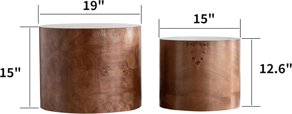 Nesting Coffee Table Set of 2, Modern Round Coffee Table, Wooden Circle Accent Tables for Small Spaces Living Room Bedroom Balcony Office Drum Side Table, Brown Burl