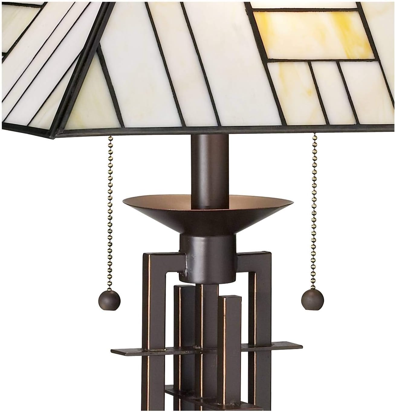 Franklin Iron Works Mission Tiffany Style Table Lamp Art Deco 26.25' High Wrought Iron Dark Bronze Brown Gold White Stained Glass Shade for Living Room Bedroom House Bedside Nightstand Home Office