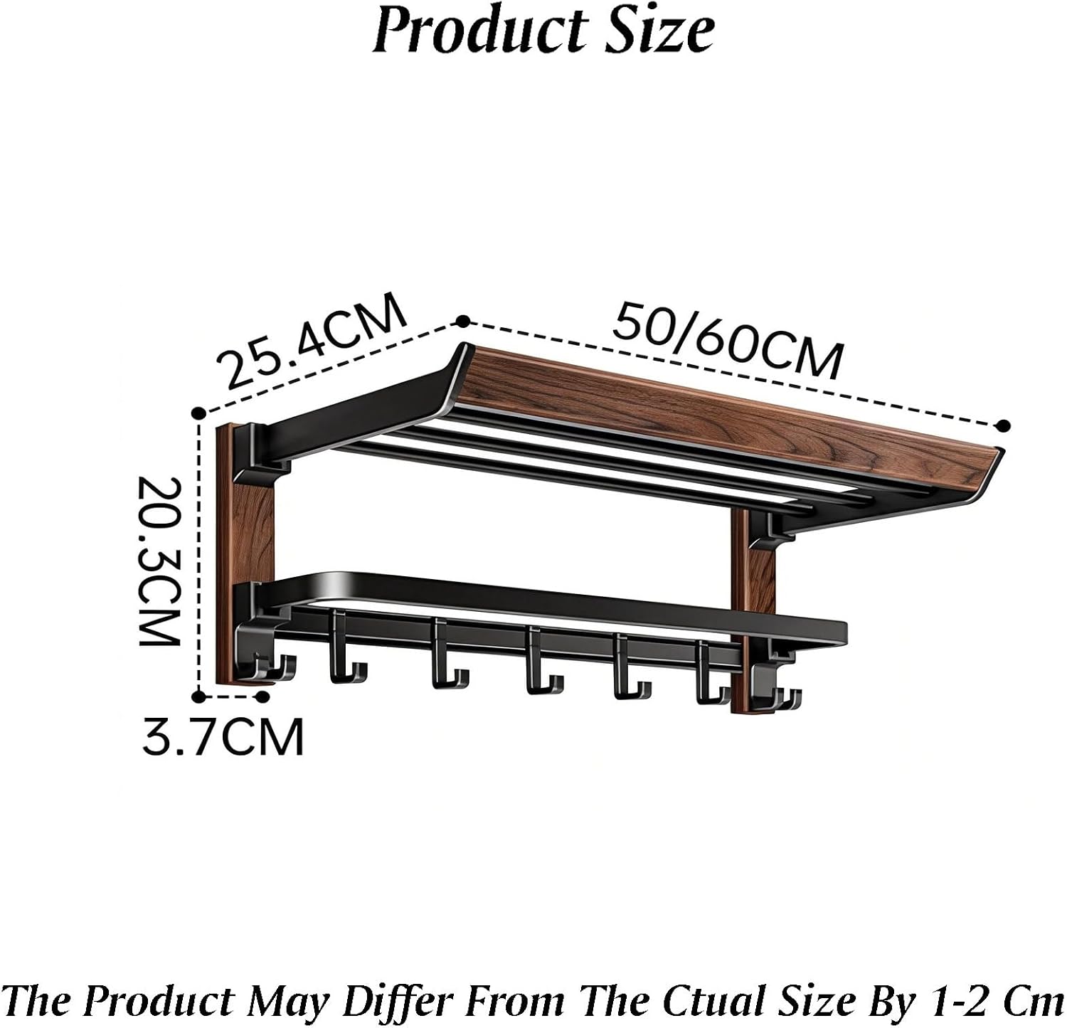 Towel Rack,Space Aluminum+Solid Wood Double Layer Bar Wall Mounted,with Double Foldable Shelf,Mesh Basket and Hooks,for Bedroom Bathroom Kitchen(20.3x25.4x50cm)