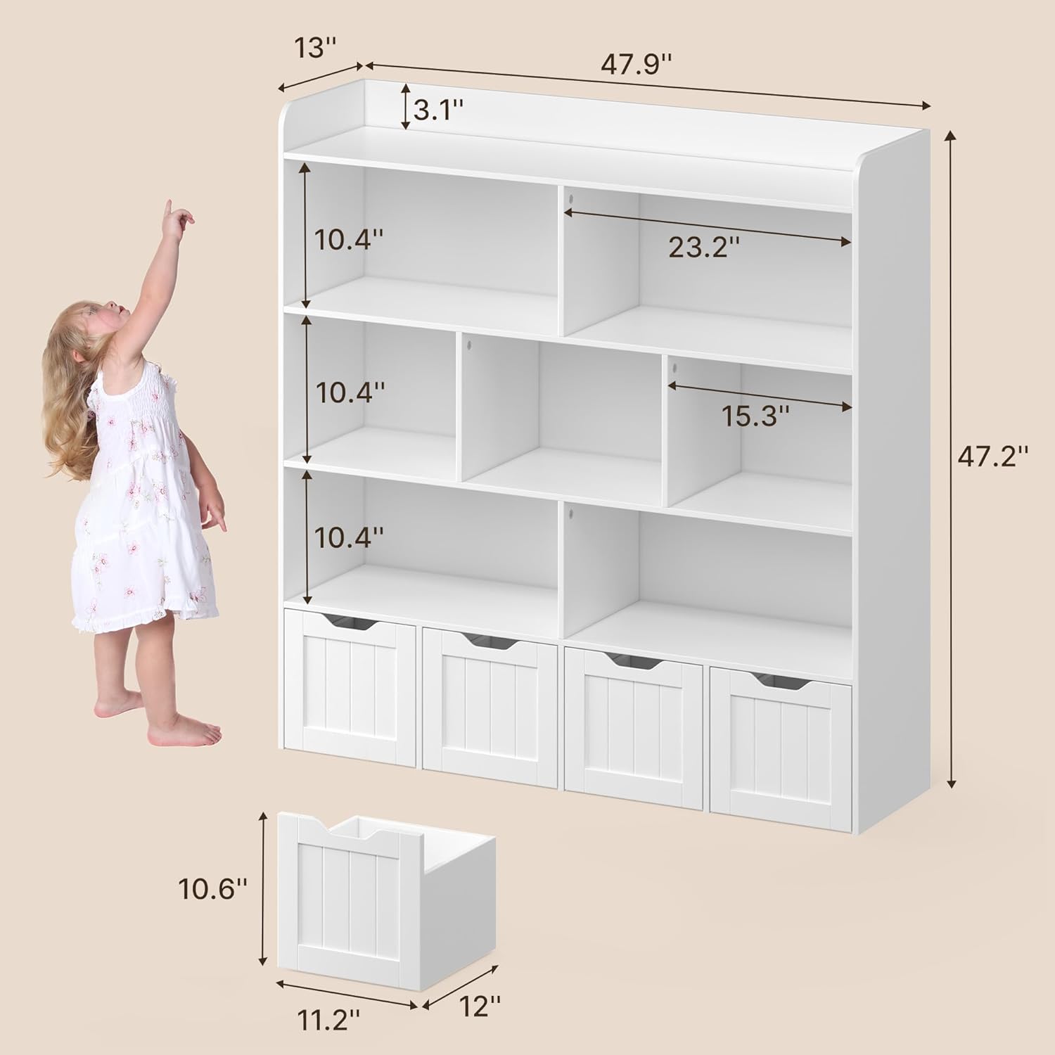 Gizoon Toy Storage Cabinet and Kids Bookcase with 4 Movable Drawers and 8 Open Shelves Toy Chest Shelf Organizer with Hidden Wheels for Playroom Nursery Kids Room, White, Painted