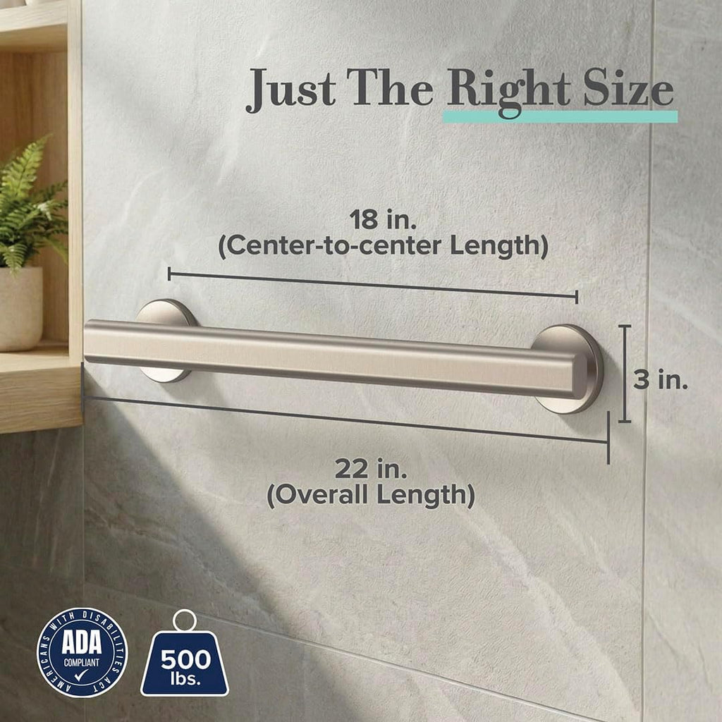 Gatco 671SN Nouveau ADA Compliant 18-Inch Grab Bar, Satin Nickel Wall Mounted Stainless Steel Bathroom Safety Grab Bar, Heavy Duty Shower & Bathtub Support Handle for Elderly & Handicap Assistance