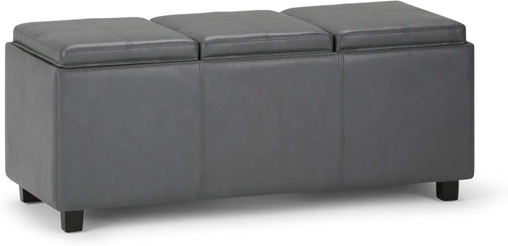 SIMPLIHOME Avalon Storage Ottoman - 42 inch Wide Upholstered Vegan Leather Rectangular Flip-Top Ottoman in Stone Grey, Contemporary Coffee Table Ottoman for Living Room with Hidden Storage