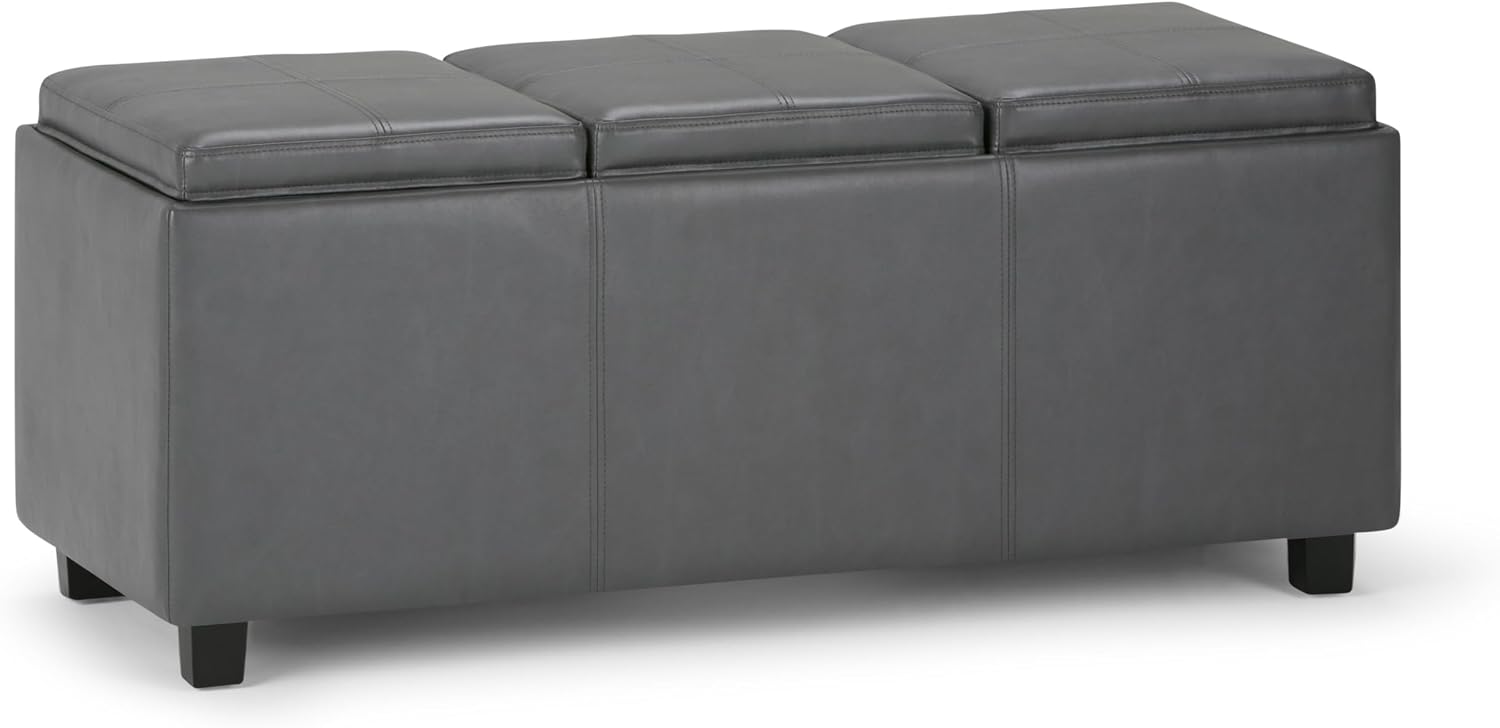 SIMPLIHOME Avalon Storage Ottoman - 42 inch Wide Upholstered Vegan Leather Rectangular Flip-Top Ottoman in Stone Grey, Contemporary Coffee Table Ottoman for Living Room with Hidden Storage