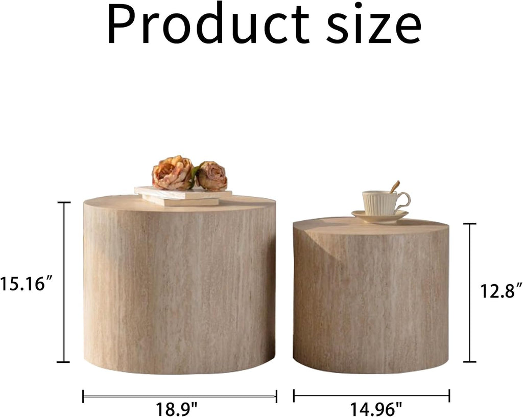 Nesting Coffee Table Set of 2, Modern Round Coffee Table with Non-Slip Feet, Oak Wooden Circle Accent Tables for Small Spaces Living Room Bedroom Balcony Office Drum Side Table (Amber)