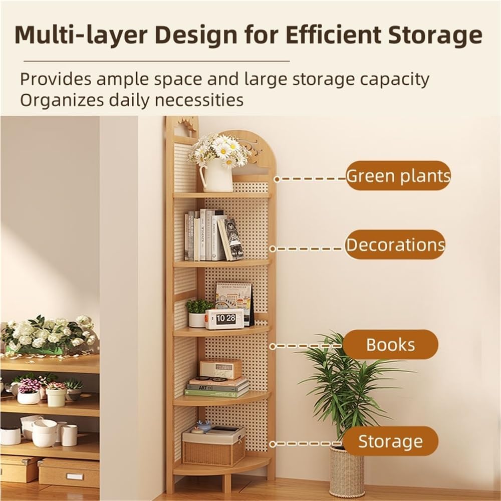 5-Tier Corner Bookshelf, Boho Corner Shelf Stand, Free Standing Rattan Storage Shelves, Tall Standing Shelf Organizer, Bookshelf, Plant Stand for Living Room Bedroom Study Kitchen(Khaki)