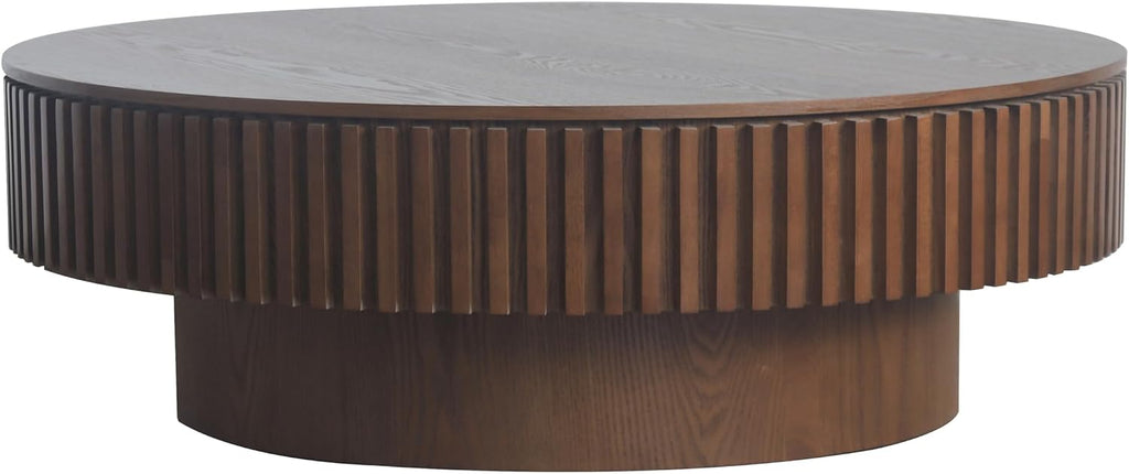 39.37'' Walnut Round Coffee Table Modern Wood Circle Fluted Drum Pedestal Coffee Table with Storage Space for Living Room, Easy Assembly, Walnut