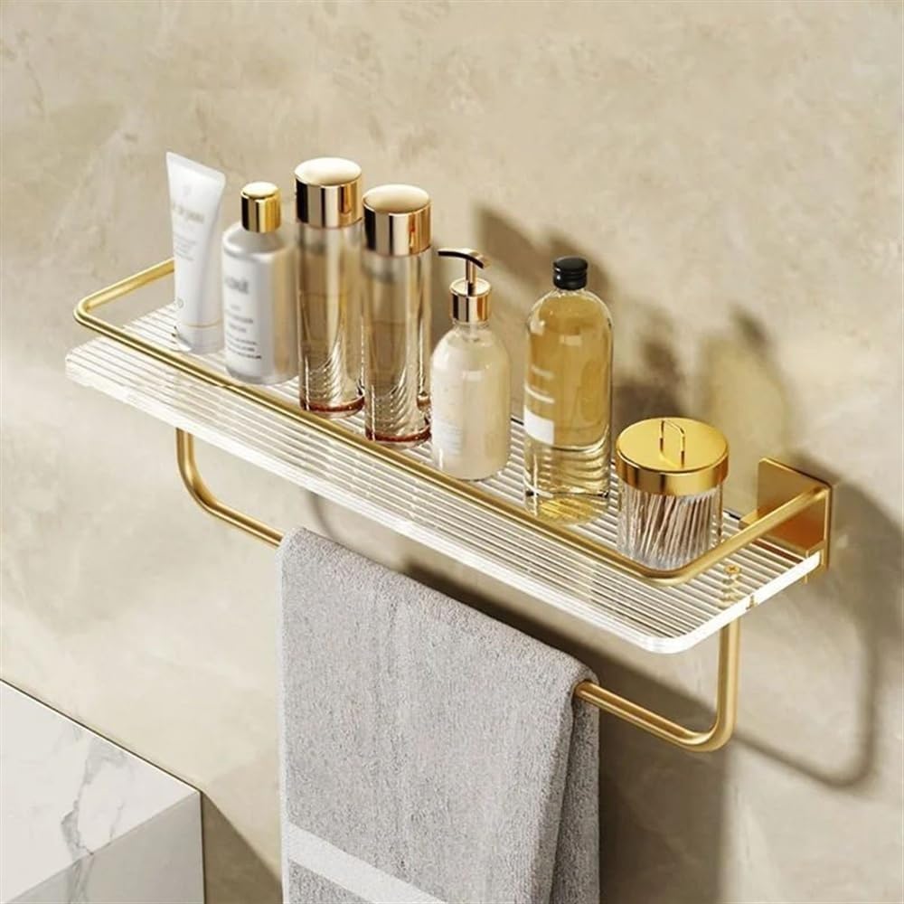 Shower Shelf Organizer, Shower Shelf with Towel Bar for Bathroom, Wall Mounted Acrylic Shower Shelf with Gold Fence, Modern Aluminum Shower Organizer
