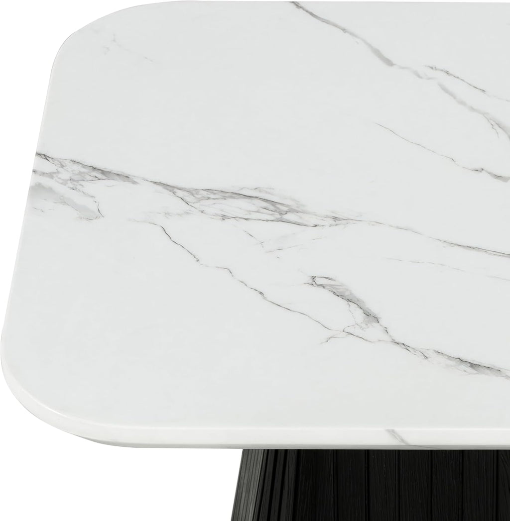Furniture of America Coraly Modern 22-inch Square End Table with High Gloss Faux Marble Top and Fluted Pedestal Base, Wooden Nightstand for Small Space, Living Room, Home Office, Black and White
