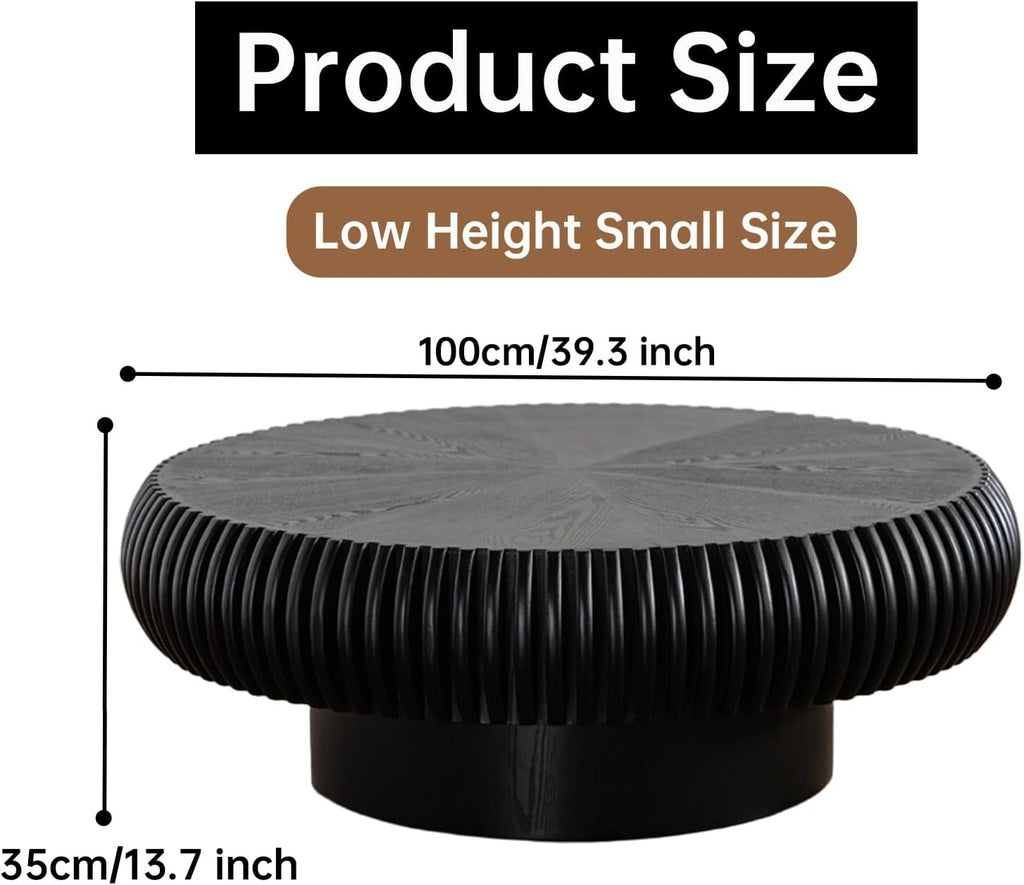 Round Coffee Table for Living Room Modern Black Fluted Coffee Table 39.3 inch Low Round Drum Coffee Tables for Living Room (Black, 39.3')
