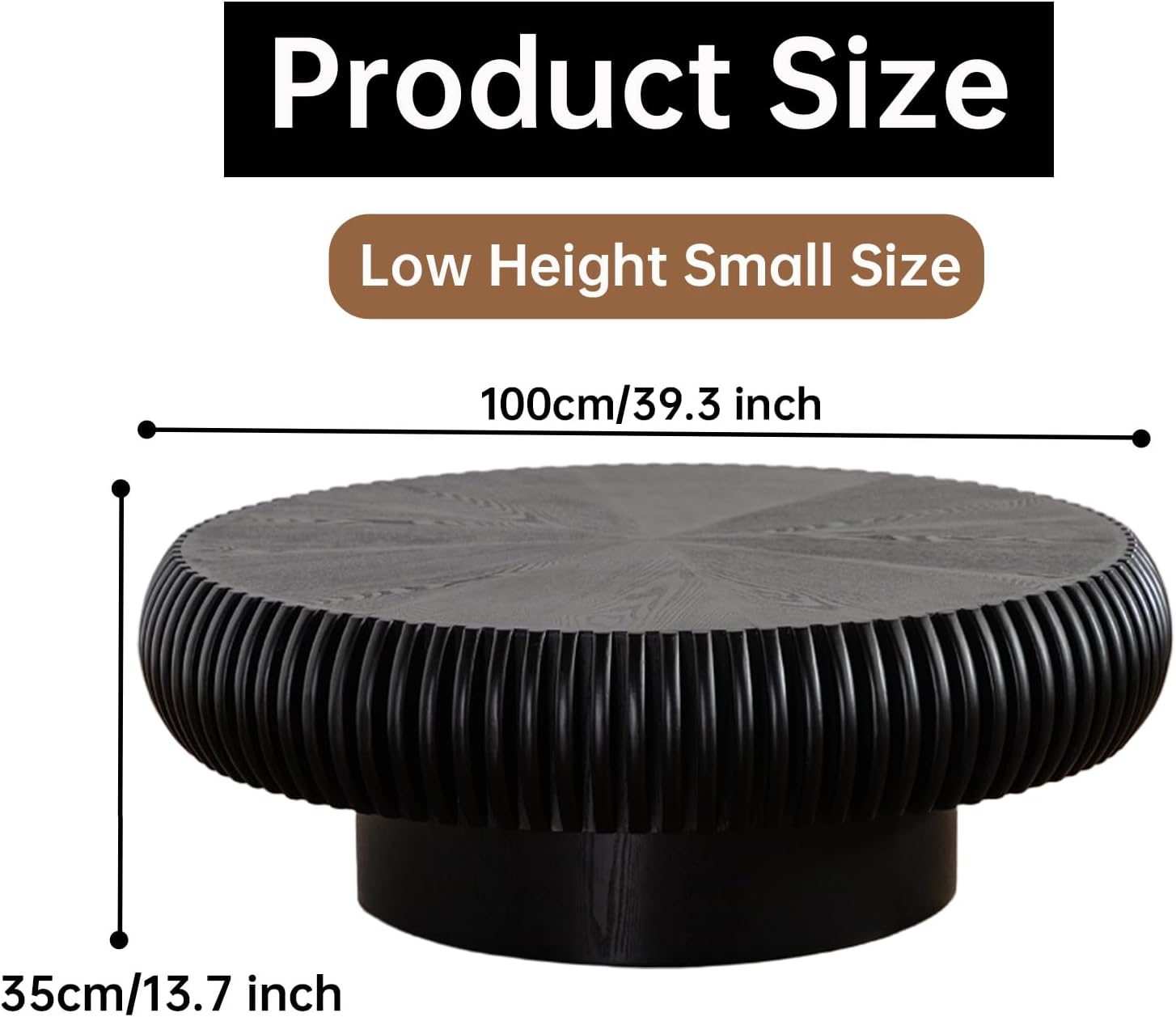 Round Coffee Table for Living Room Modern Black Fluted Coffee Table 39.3 inch Low Round Drum Coffee Tables for Living Room (Black, 39.3')