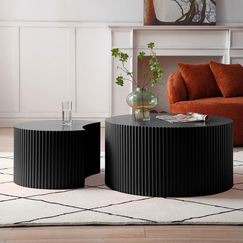 JUSTONE Nesting Coffee Table Set of 2, Modern Matte Black Round Drum Side Tables - Space-Saving End Tables for Living Room, Apartment, Bedroom (Black)