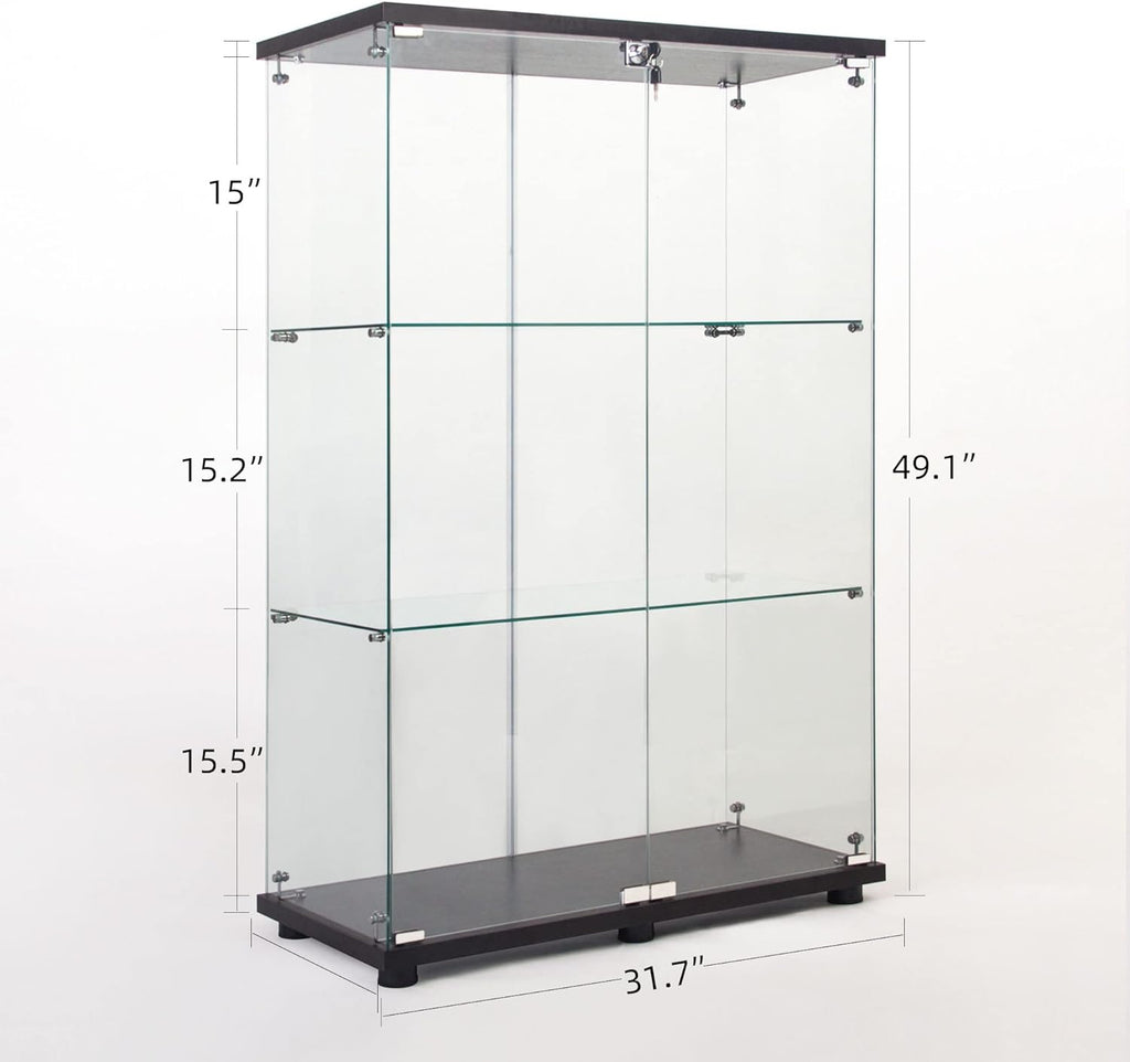 50' Two Door Glass Display Cabinet with 3 Shelves,Floor Standing Showcase Curio Cabinets w/Locks,Bookshelf for Living Room,Bedroom,Showroom,Office,Black