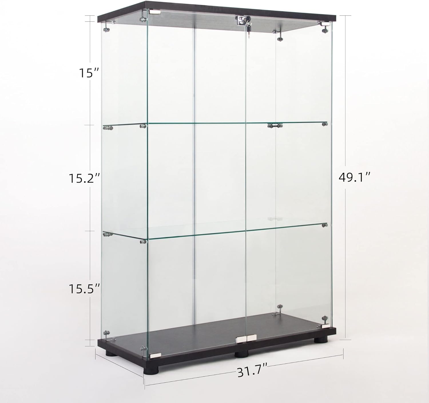 50' Two Door Glass Display Cabinet with 3 Shelves,Floor Standing Showcase Curio Cabinets w/Locks,Bookshelf for Living Room,Bedroom,Showroom,Office,Black