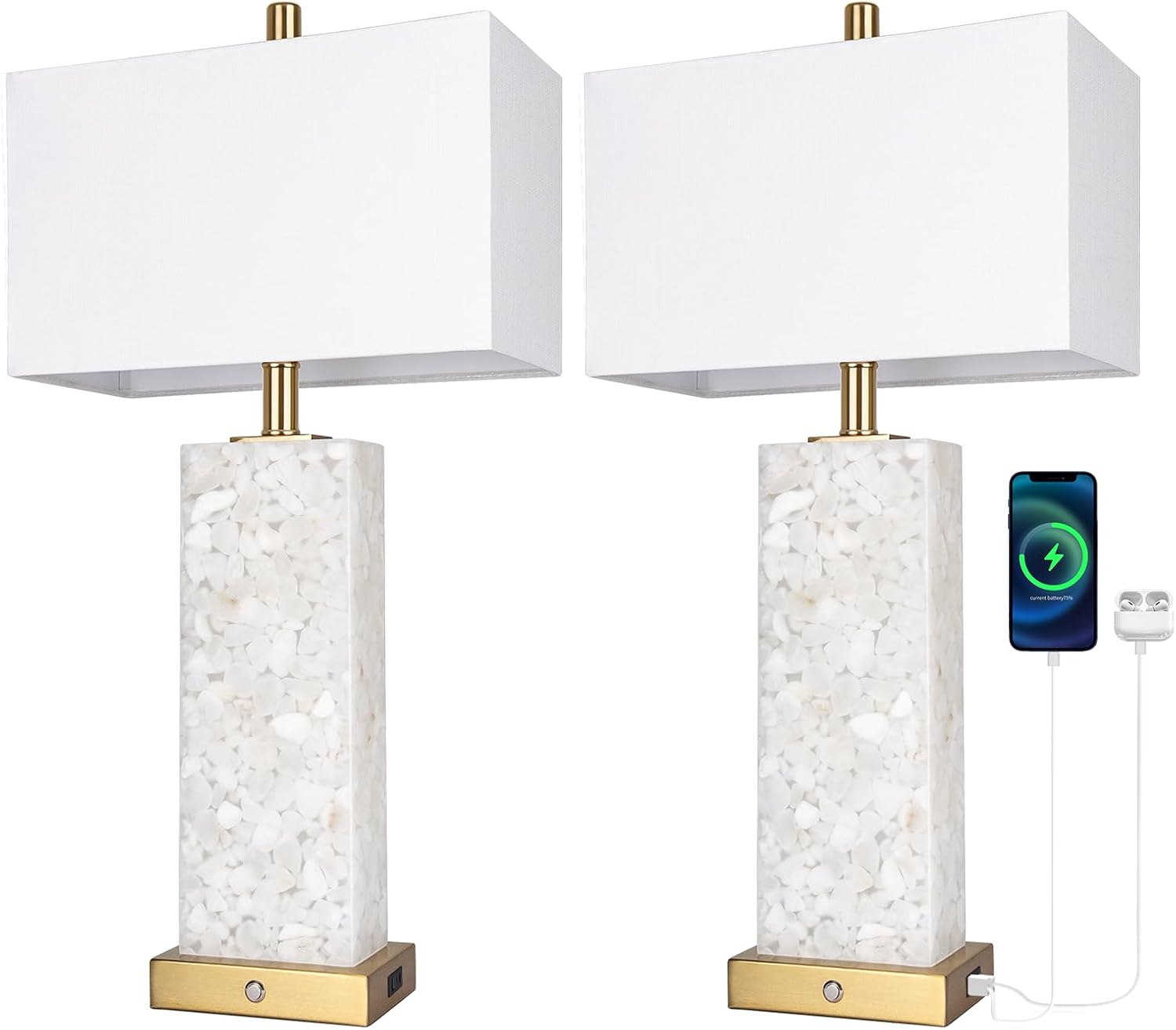 2-Pack 25.6' Alabaster Lamps, Marble Lamp Nightstand Lamps Set of 2, 3-Color Temperatures Bedside Lamps with Nightlight, Modern Table Lamp with USB Ports for Living Room Bedroom Hotel, Bulbs Included