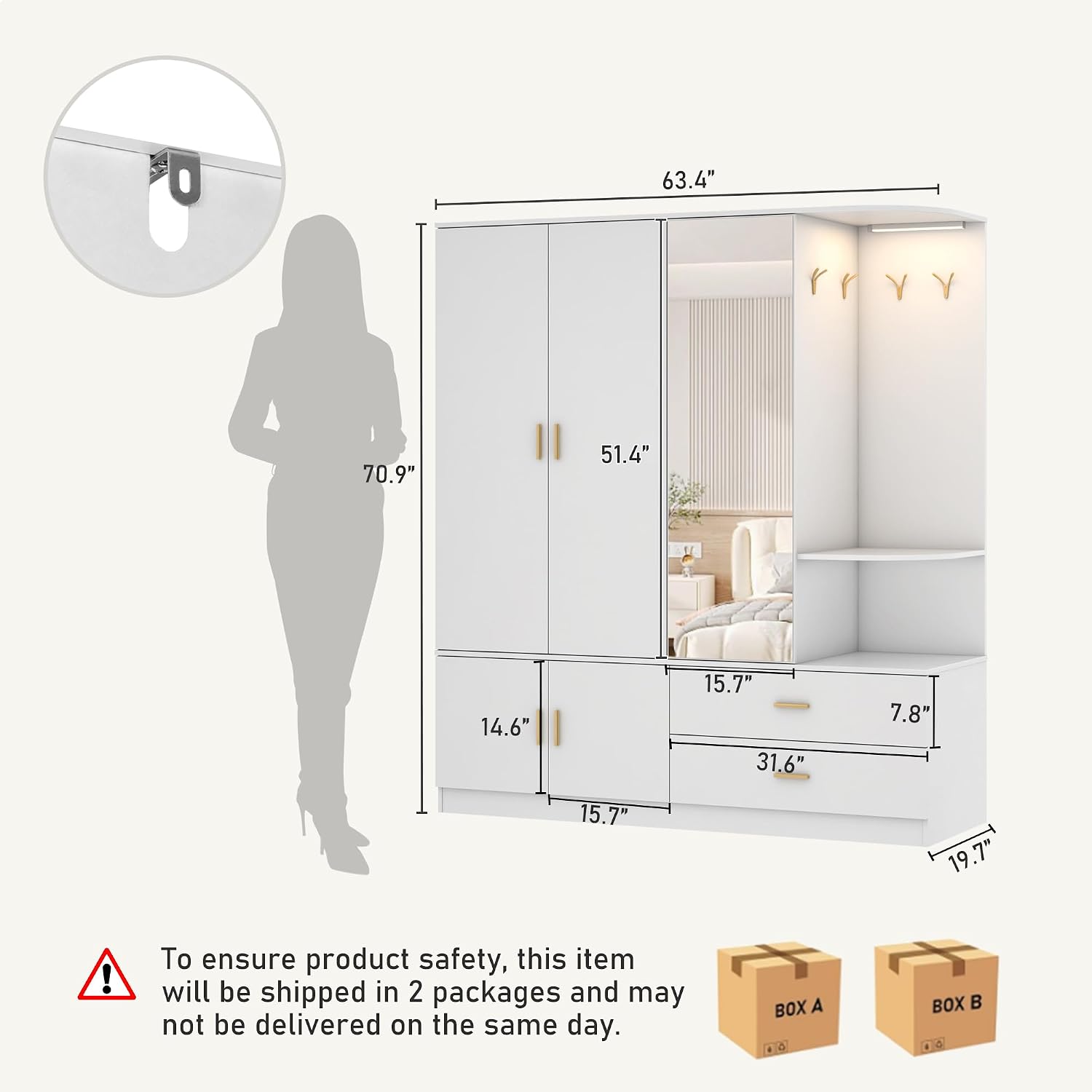 XVD Armoire Wardrobe Closet with Mirror & Sensor Light, Bedroom Armoire with 5 Doors & 2 Drawers, Modern Wooden Large Wardrobe Closet with Shelves, 4 Metal Hooks, 2 Hanging Roods, Open Space, White